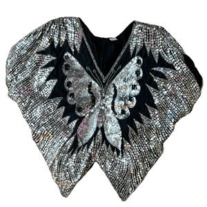 Vintage 70s Silk-Sequin-Beaded Butterfly Top Handkerchief Hem Black and Silver